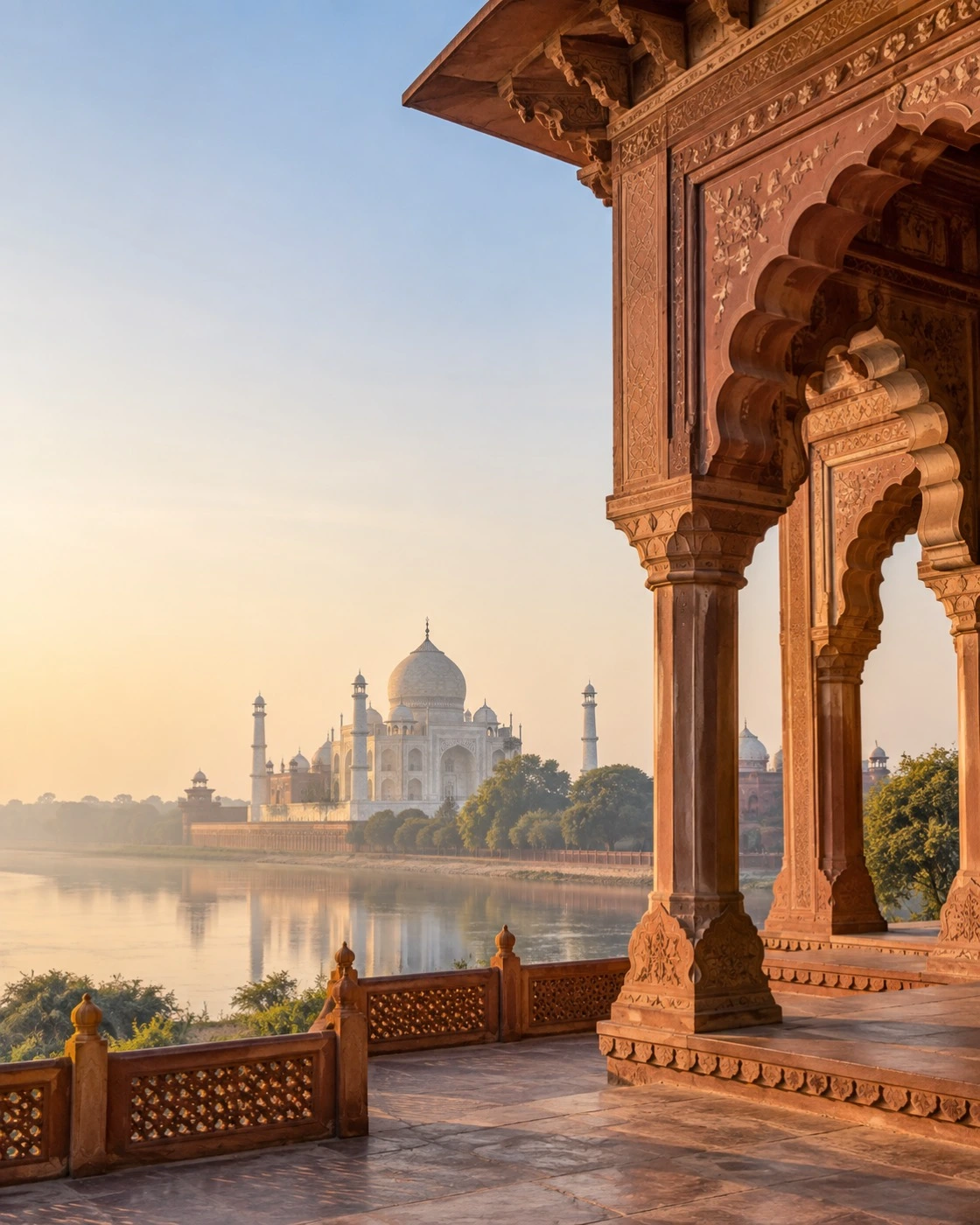 Taj Mahal and Indian architectural details in warm morning light